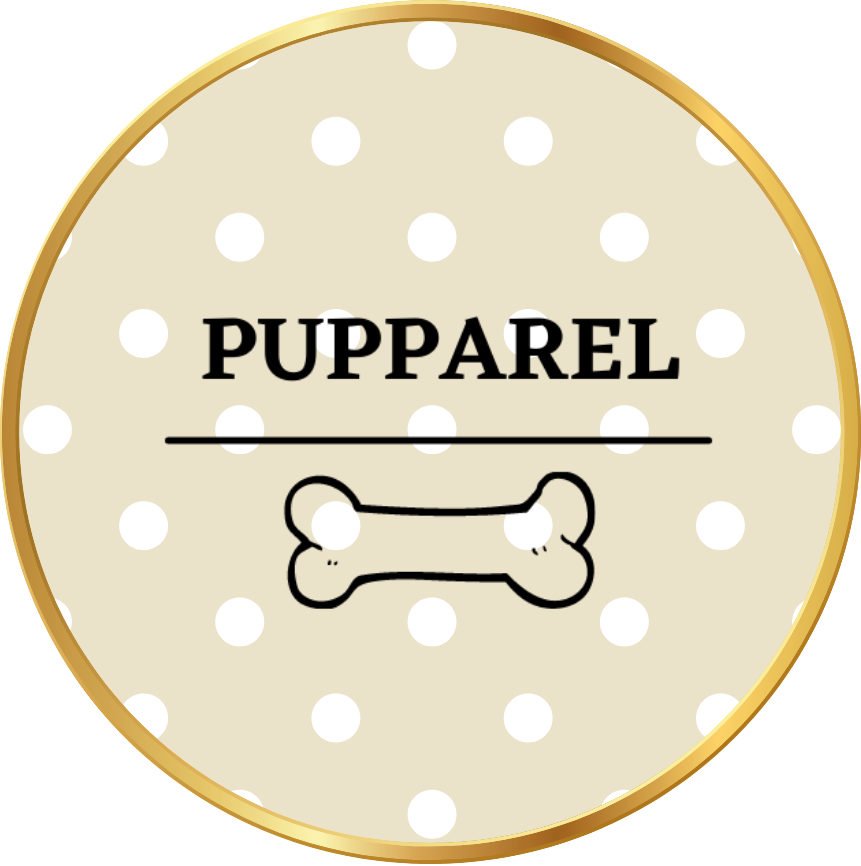 A beige circular logo with white polka dots and a gold border. In front is the word pupparel in black with a stright line underneath and an image of a black bone underneath that.